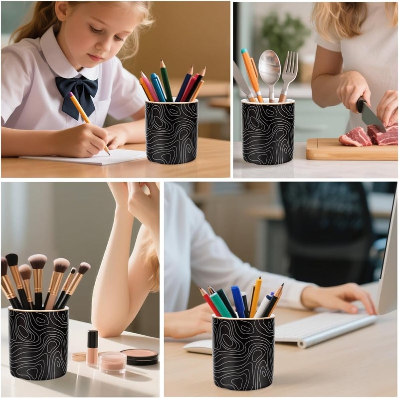 WAVEYU Pen Holder, Pencil Cup for Desk, Cute Makeup Brush Holder, Durable Ceramic Organizer Decor for Room, Office, Classroom, Abstract Pattern - Image 3